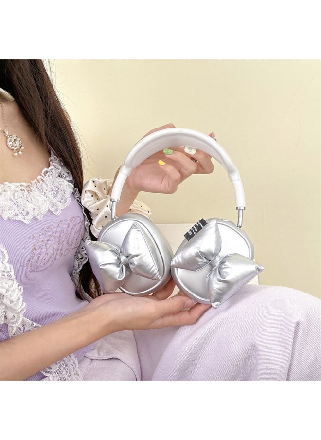 Plated Three-Dimensional Bow For Airpods Max Protective Case For Apple Headset Ear Cap Ear Mask Earphone Case-Color:Electroplated Silver + Three-dimensional Bow-Applicable Models:Airpods Max