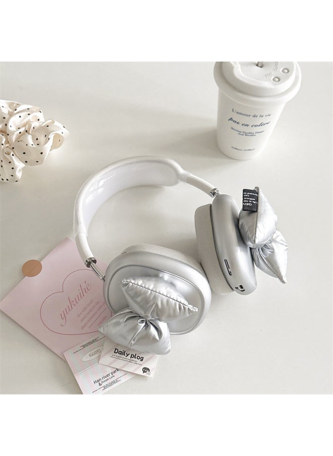 Plated Three-Dimensional Bow For Airpods Max Protective Case For Apple Headset Ear Cap Ear Mask Earphone Case-Color:Electroplated Silver + Three-dimensional Bow-Applicable Models:Airpods Max
