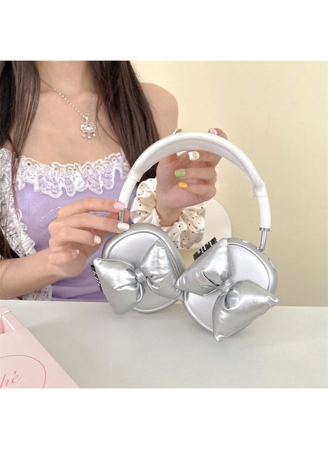 Plated Three-Dimensional Bow For Airpods Max Protective Case For Apple Headset Ear Cap Ear Mask Earphone Case-Color:Electroplated Silver + Three-dimensional Bow-Applicable Models:Airpods Max