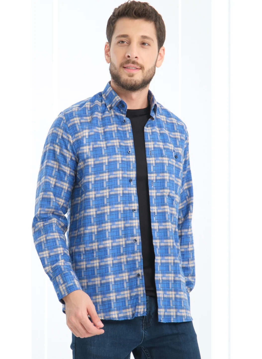 Varetta Men's Parliament Blue Checkered Winter Woolen Pocket Wide Cut Shirt