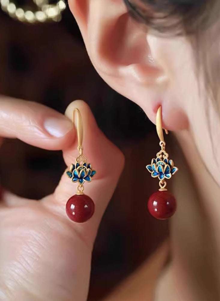 Colorful Lotus Earrings, Female Red New Chinese Style Earrings, Eardrops  - Image 1