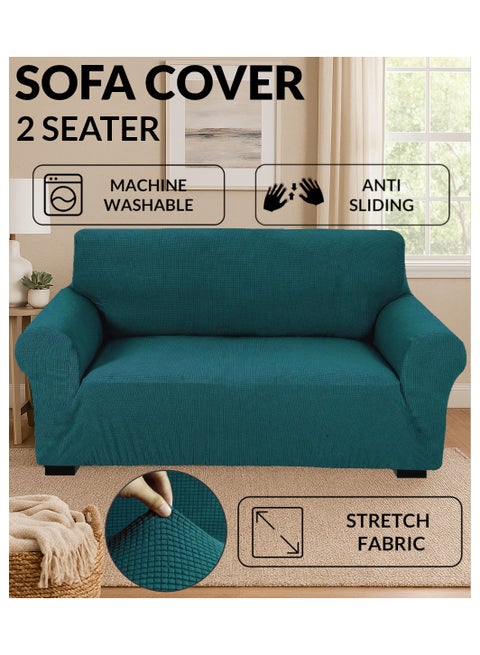 High Stretch 2-Seater Sofa Cover Soft Brushed Fabric Couch Cover Exquisitely Full Coverage Furniture Protector Slipcover Two Seater Fits on Standard and Recliner Sofa 145-178cm Size Teal Green
