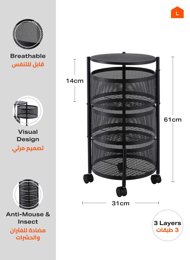 LAWAZIM Circular Storage Rack -3 Layer Black- Durable Corrosion-Resistant Tiered Space-Saving Storage Rack with Swivel Caster Wheels Movable Storage Shelf -Versatile for Kitchen Living Room and Office - Image 3