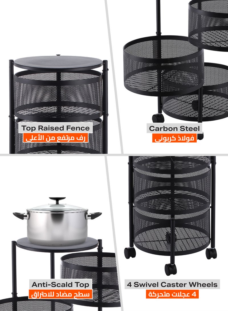 LAWAZIM Circular Storage Rack -3 Layer Black- Durable Corrosion-Resistant Tiered Space-Saving Storage Rack with Swivel Caster Wheels Movable Storage Shelf -Versatile for Kitchen Living Room and Office - Image 4