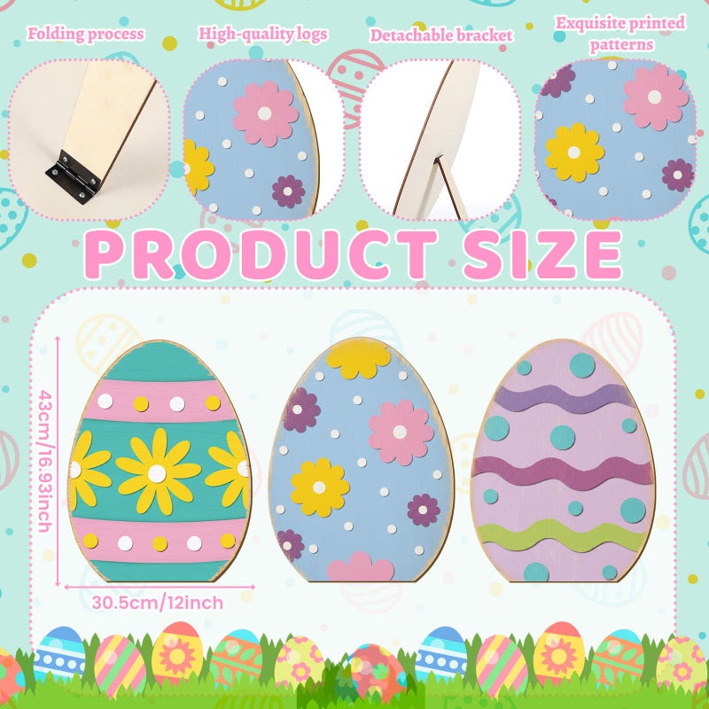 GlikCeil 3 Pcs Easter Wooden Porch Sign Easter Egg Standing Porch Decoration Rustic Welcome Decor for Spring Holiday Outdoor Party Lawn Garden Yard Entryway 12", 16", 21" - Image 2