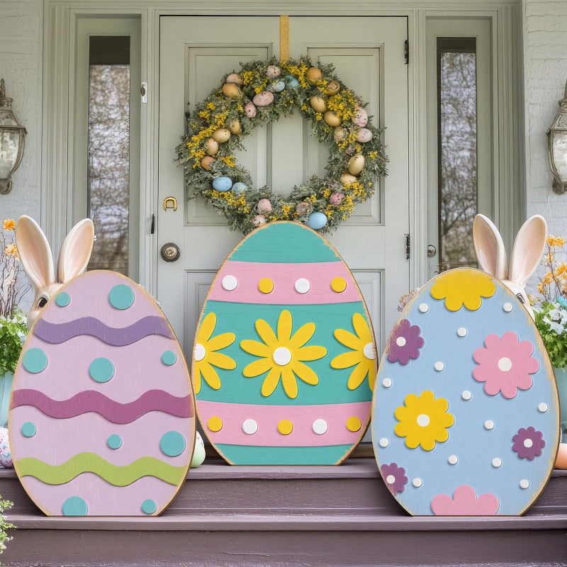 GlikCeil 3 Pcs Easter Wooden Porch Sign Easter Egg Standing Porch Decoration Rustic Welcome Decor for Spring Holiday Outdoor Party Lawn Garden Yard Entryway 12", 16", 21" - Image 1