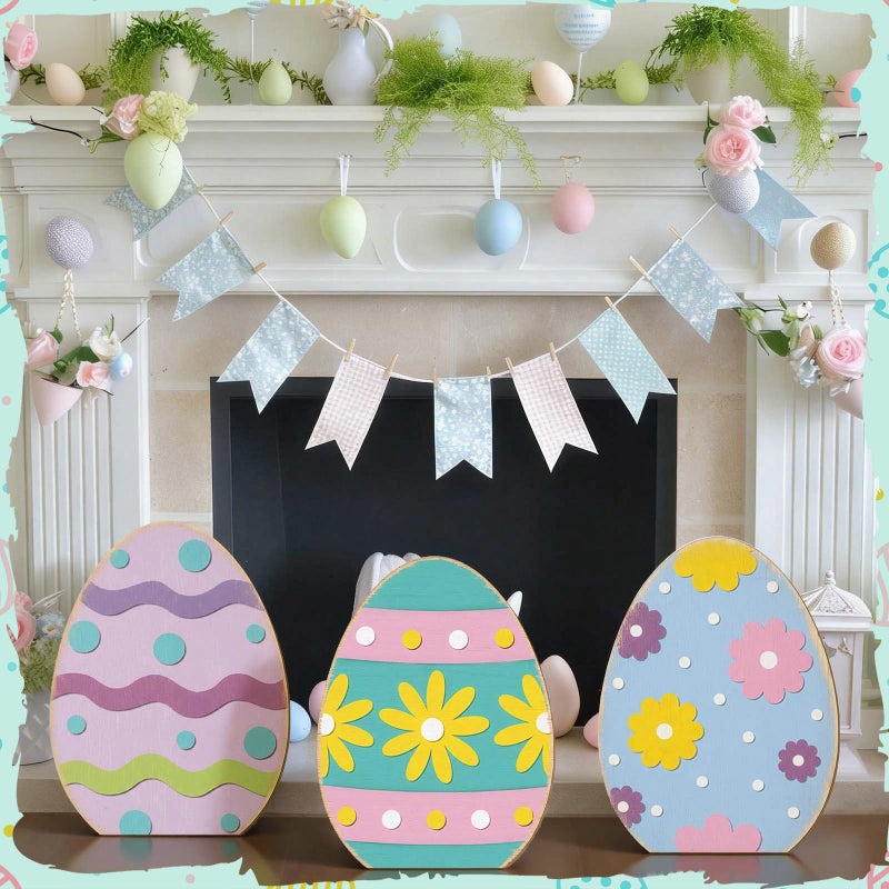 GlikCeil 3 Pcs Easter Wooden Porch Sign Easter Egg Standing Porch Decoration Rustic Welcome Decor for Spring Holiday Outdoor Party Lawn Garden Yard Entryway 12", 16", 21" - Image 5