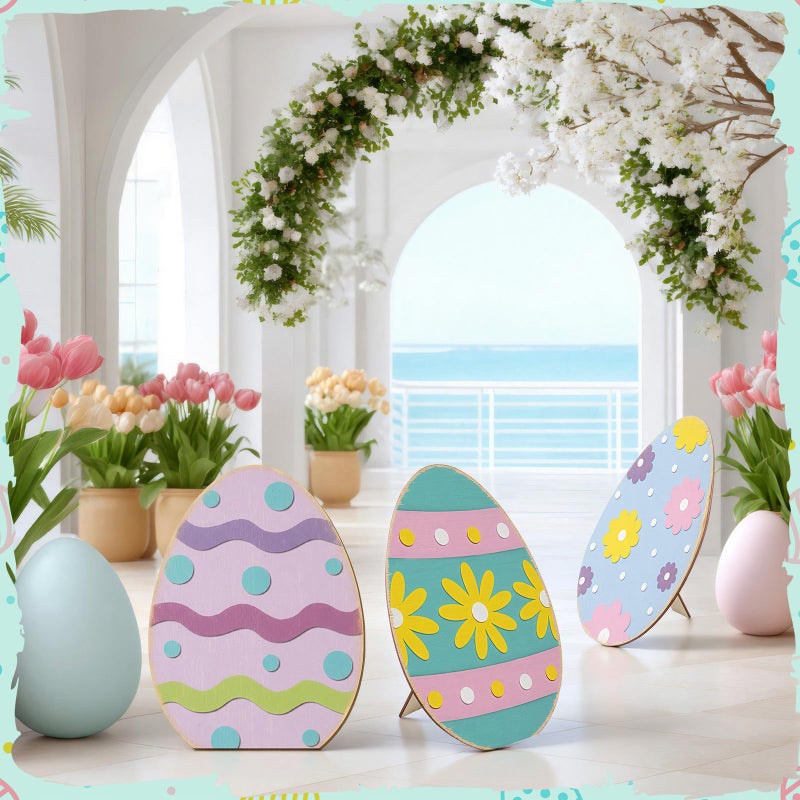 GlikCeil 3 Pcs Easter Wooden Porch Sign Easter Egg Standing Porch Decoration Rustic Welcome Decor for Spring Holiday Outdoor Party Lawn Garden Yard Entryway 12", 16", 21" - Image 4