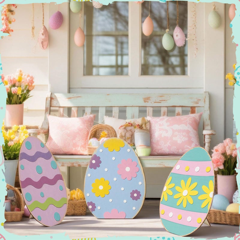 GlikCeil 3 Pcs Easter Wooden Porch Sign Easter Egg Standing Porch Decoration Rustic Welcome Decor for Spring Holiday Outdoor Party Lawn Garden Yard Entryway 12", 16", 21" - Image 3
