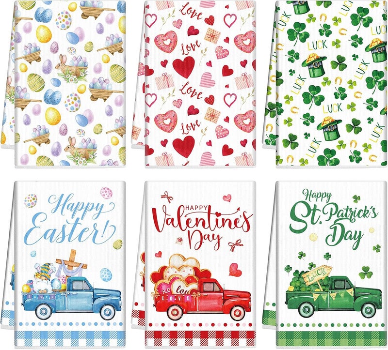 FuWeave 6 Pcs Valentines Day Kitchen Towel St Patricks Day Easter Hand Dishtowel Absorbent Heart Shamrock Egg Tea Towel for Kitchen Bathroom DecorFresh Color3 Festivals Style - Image 1