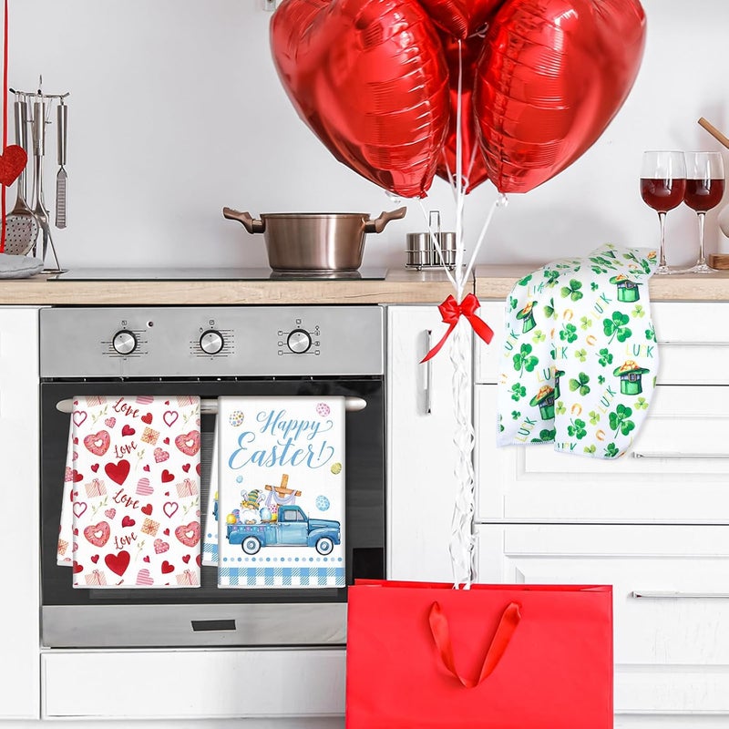 FuWeave 6 Pcs Valentines Day Kitchen Towel St Patricks Day Easter Hand Dishtowel Absorbent Heart Shamrock Egg Tea Towel for Kitchen Bathroom DecorFresh Color3 Festivals Style - Image 2