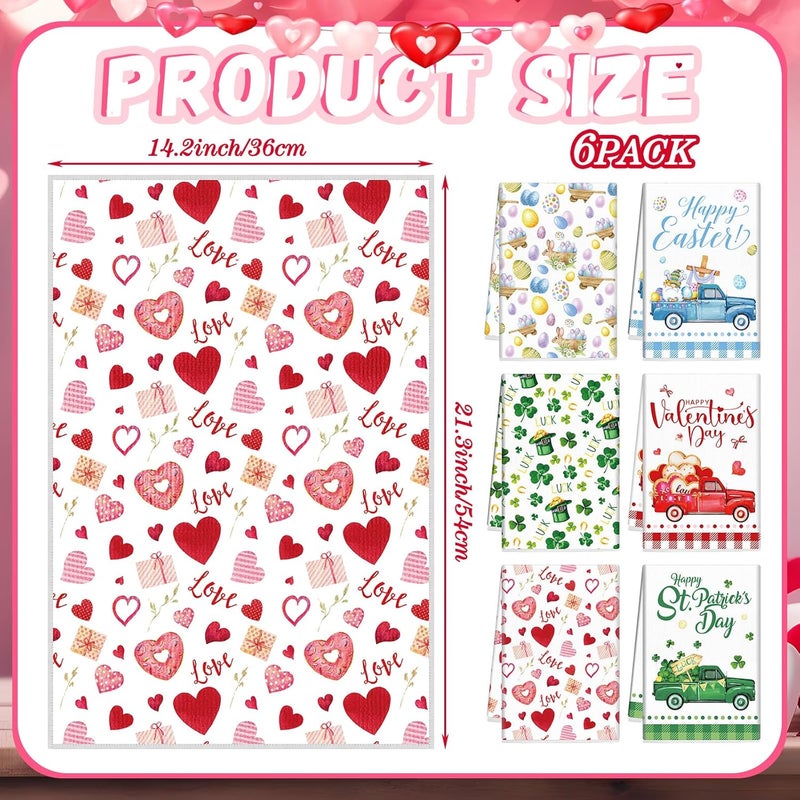 FuWeave 6 Pcs Valentines Day Kitchen Towel St Patricks Day Easter Hand Dishtowel Absorbent Heart Shamrock Egg Tea Towel for Kitchen Bathroom DecorFresh Color3 Festivals Style - Image 3