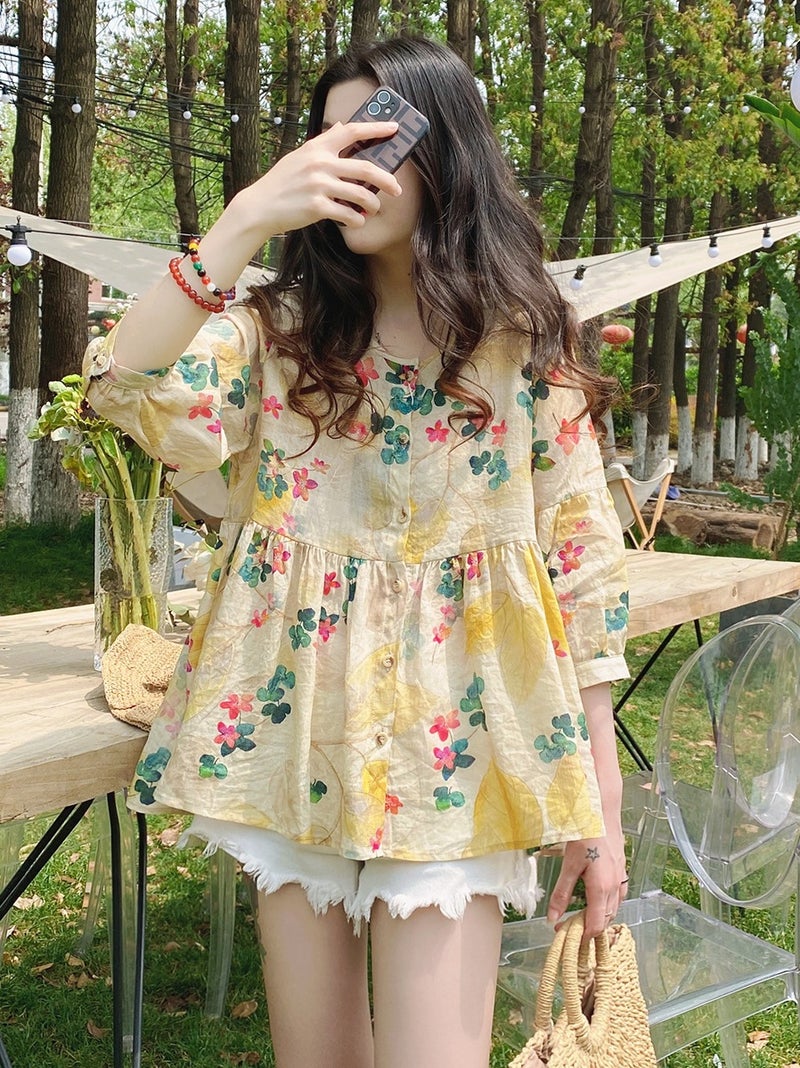 Doll shirt top Korean style loose commuter sweet western style floral Ramie fluffy shirt half sleeve shirt Picture color