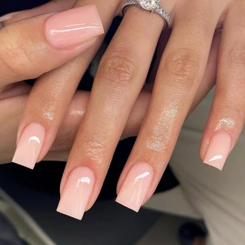 XCREANDO Baby Pink Nails Press ons Press on Nails Medium Square Glue on Nails Medium Length Short Acrylic Nails Glue on Medium Coffin Nails Fake Nails False Nails for Women Thick Solid Color Gel Nails 24Pcs - Image 1