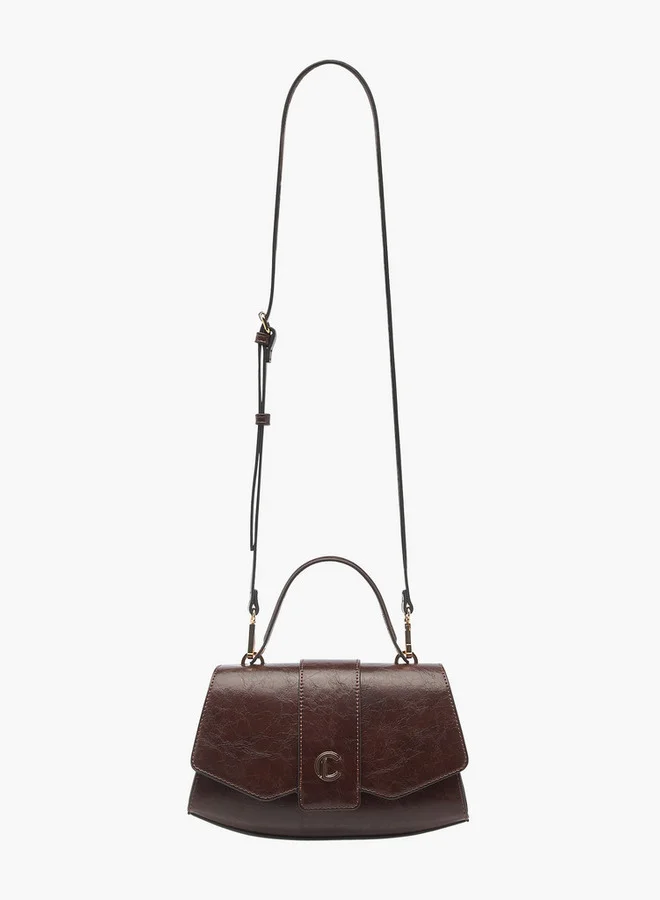 Le Confort Solid Satchel Bag with Detachable Strap and Button Closure