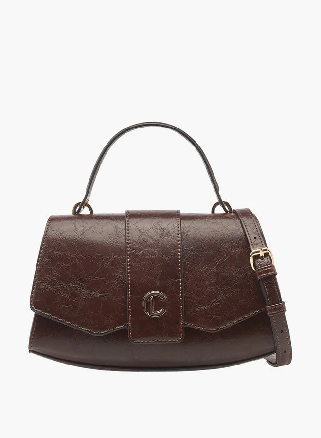 Le Confort Solid Satchel Bag with Detachable Strap and Button Closure