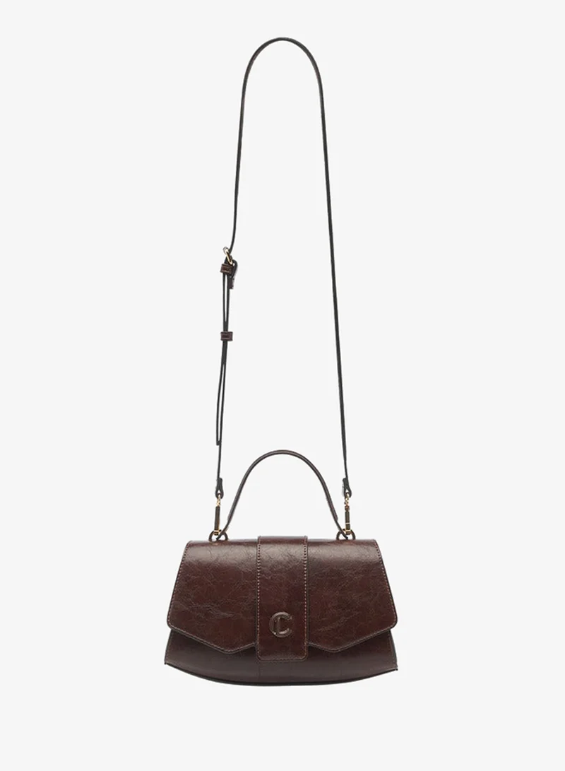 Le Confort Solid Satchel Bag with Detachable Strap and Button Closure