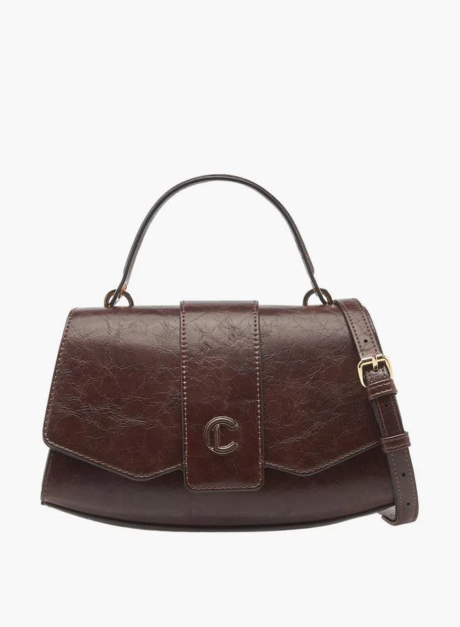 Solid Satchel Bag with Detachable Strap and Button Closure