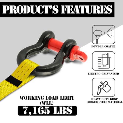 Jamiikury 5/8" D Ring Shackle with 3/4" Screw Pin, 3.25T Working Load Limit (WLL) / 19.5T (42,990 lb) Minimum Breaking Strength (MBS) for Tow Strap Winch, Off-Road Vehicle Recovery (Black/Red, 4 Pack) - Image 2
