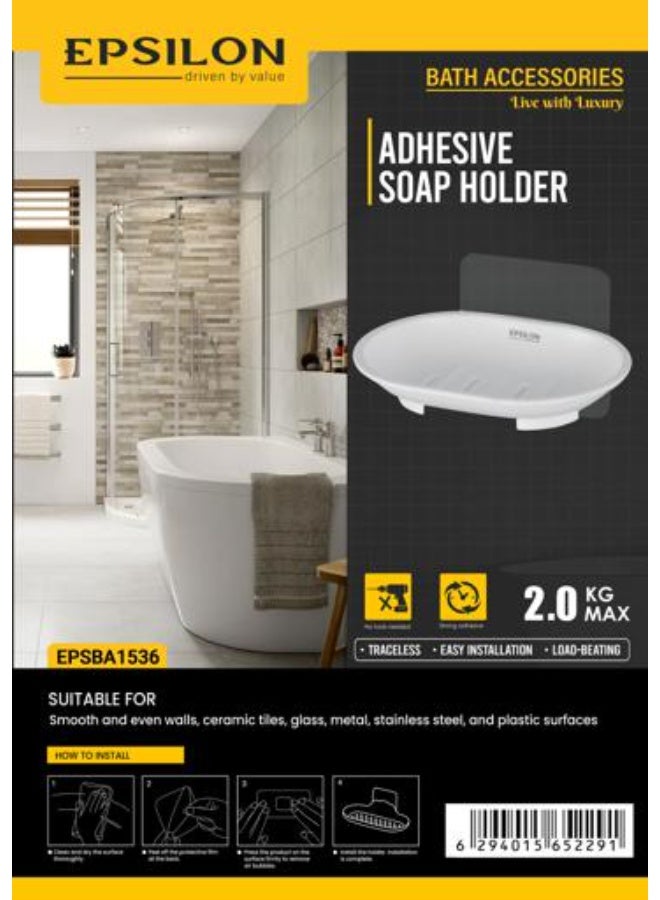 Epsilon Adhesive Soap Holder EPSBA1536, No-Drill Wall Mounted Soap Dish, 2kg Load Capacity, Strong Adhesive Backing, Tool-Free Installation for Bathroom, Kitchen, Tiles, Glass & Metal Surfaces, White - Image 4