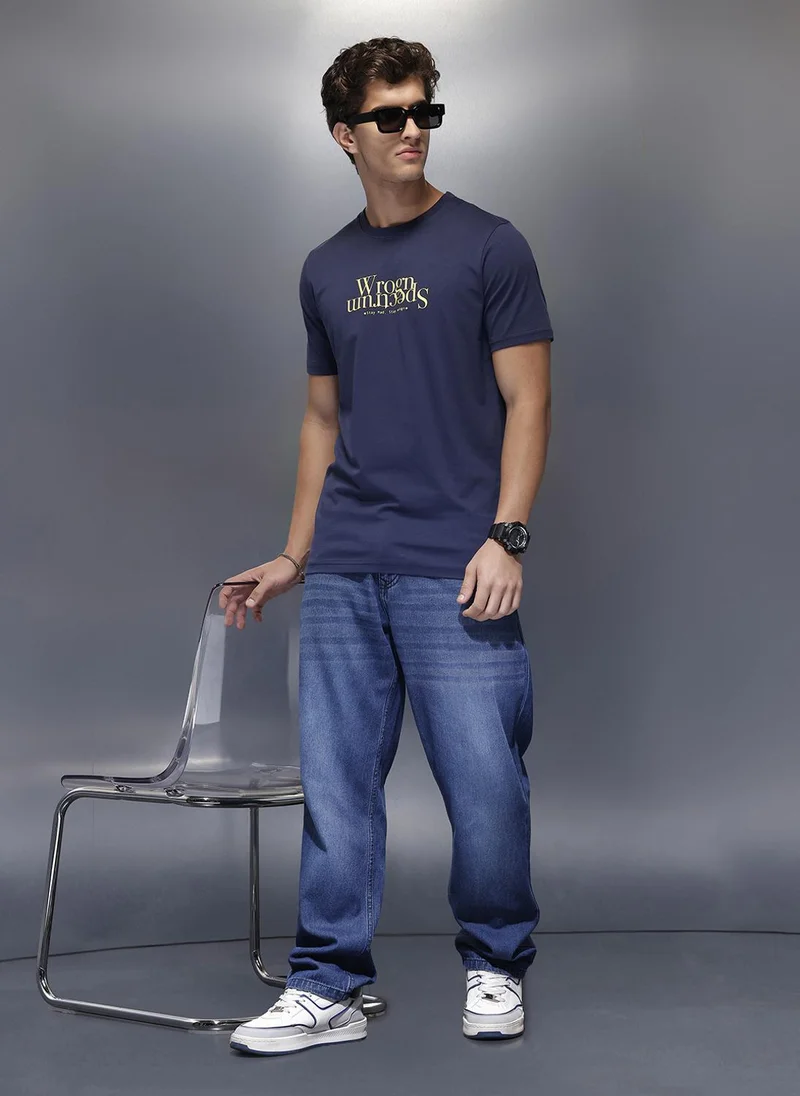 روجن Solid Placement Printed T-Shirt   |  Navy Blue