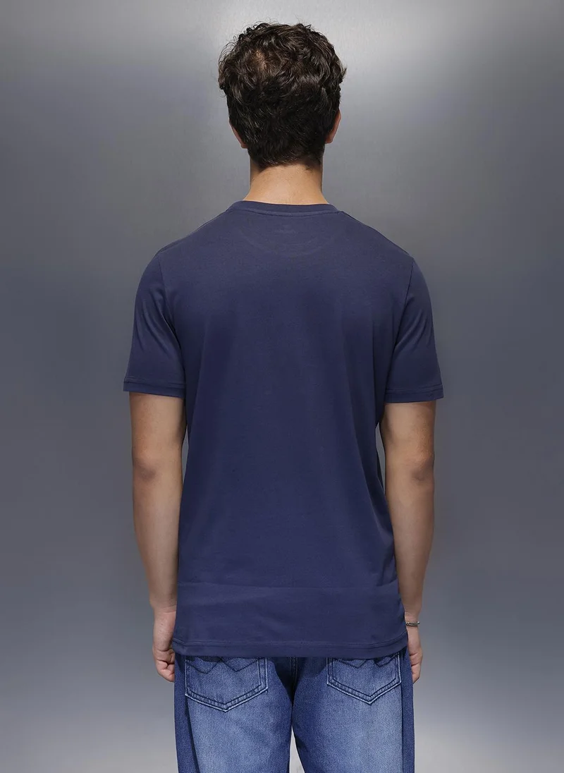روجن Solid Placement Printed T-Shirt   |  Navy Blue
