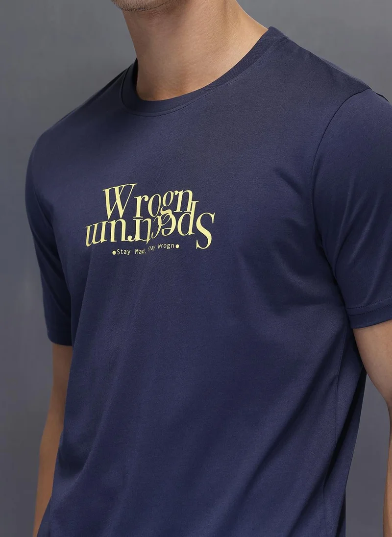روجن Solid Placement Printed T-Shirt   |  Navy Blue