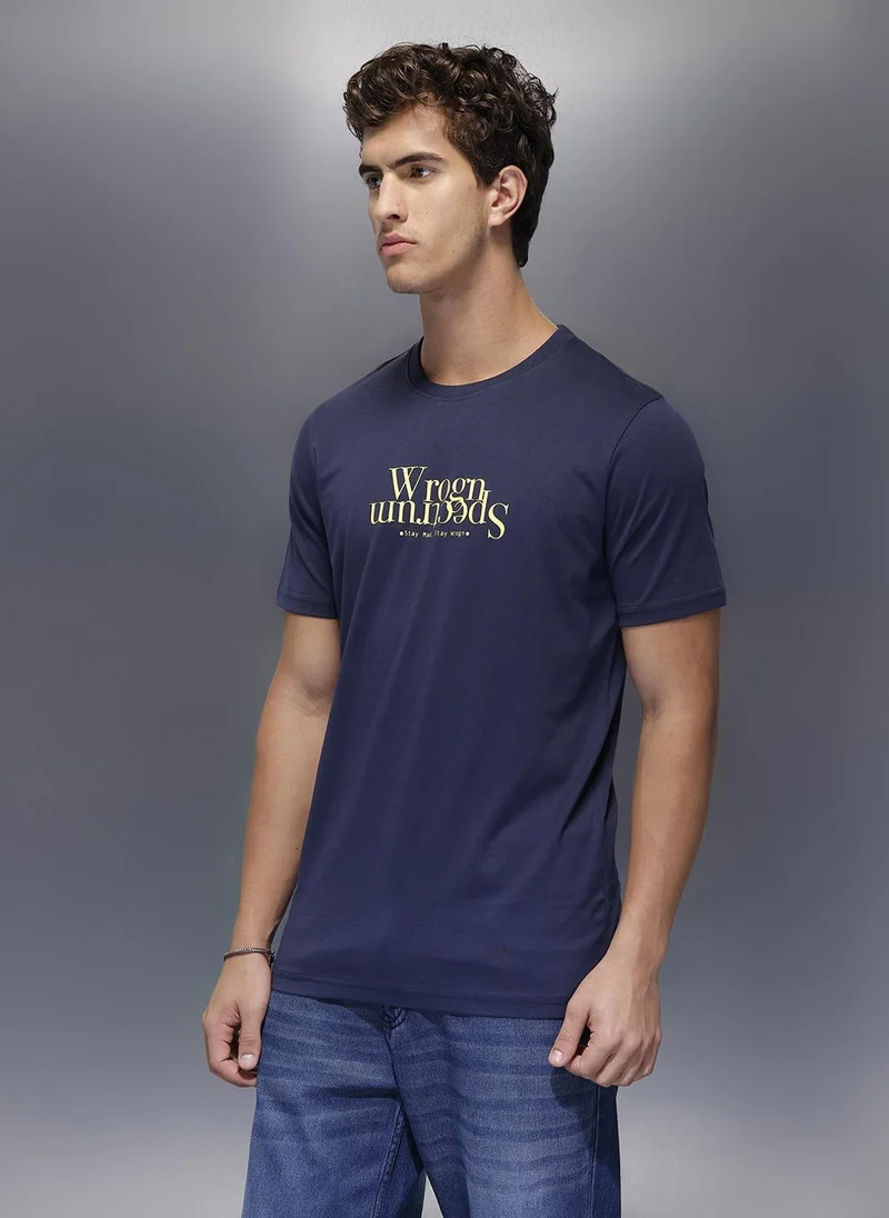 روجن Solid Placement Printed T-Shirt   |  Navy Blue