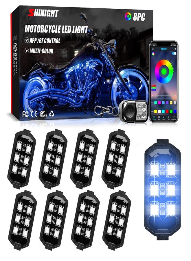 SHINIGHT 8Pcs Motorcycle RGB LED Light Kits, Motorcycle LED Strip Lights with App Control, Waterproof Multi-Color Atmosphere Lights Lamp with 5Key RF Wireless Remote, Motorcycle Underlight with Music Sync - Image 1