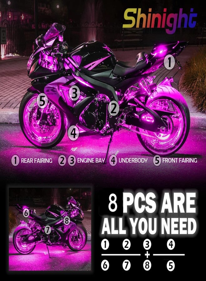 SHINIGHT 8Pcs Motorcycle RGB LED Light Kits, Motorcycle LED Strip Lights with App Control, Waterproof Multi-Color Atmosphere Lights Lamp with 5Key RF Wireless Remote, Motorcycle Underlight with Music Sync - Image 2