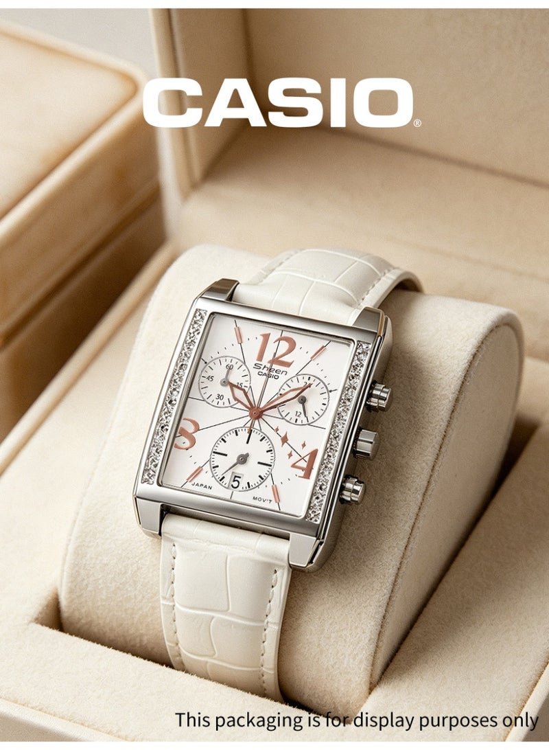 Casio SHEEN Women's Square Chronograph Watch, White Dial with Rose Gold Numerals, White Crocodile Grain Leather Strap, Crystal Bezel, 50M Water Resistant SHN-5008L-7ADR - Image 2