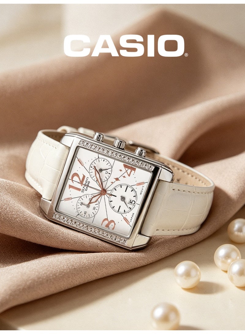 Casio SHEEN Women's Square Chronograph Watch, White Dial with Rose Gold Numerals, White Crocodile Grain Leather Strap, Crystal Bezel, 50M Water Resistant SHN-5008L-7ADR - Image 3