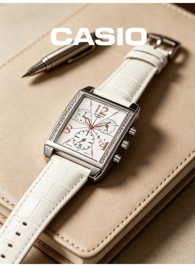 Casio SHEEN Women's Square Chronograph Watch, White Dial with Rose Gold Numerals, White Crocodile Grain Leather Strap, Crystal Bezel, 50M Water Resistant SHN-5008L-7ADR - Image 1