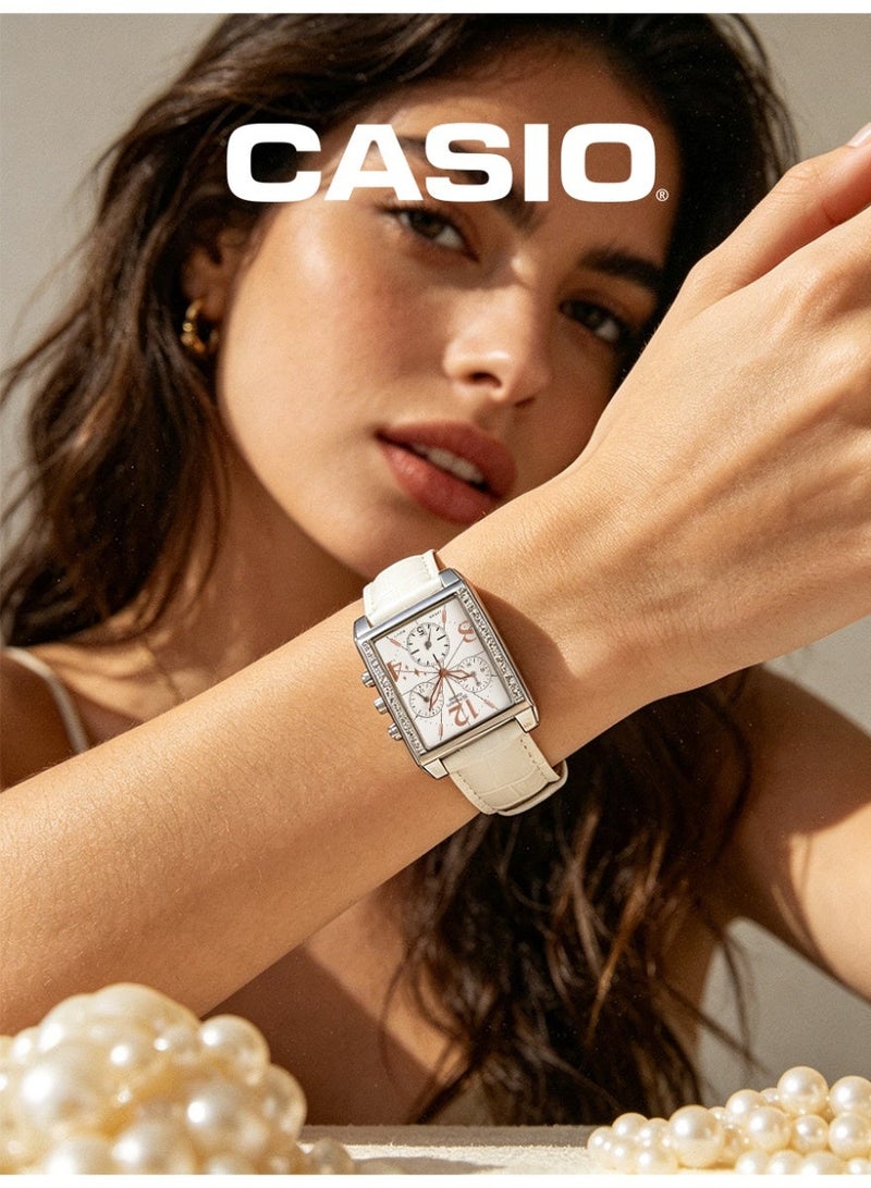 Casio SHEEN Women's Square Chronograph Watch, White Dial with Rose Gold Numerals, White Crocodile Grain Leather Strap, Crystal Bezel, 50M Water Resistant SHN-5008L-7ADR - Image 5