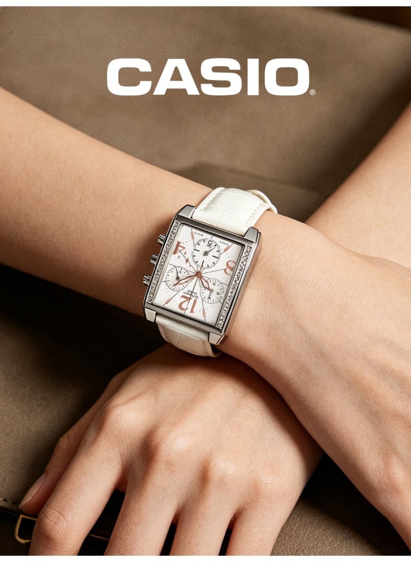 Casio SHEEN Women's Square Chronograph Watch, White Dial with Rose Gold Numerals, White Crocodile Grain Leather Strap, Crystal Bezel, 50M Water Resistant SHN-5008L-7ADR - Image 4
