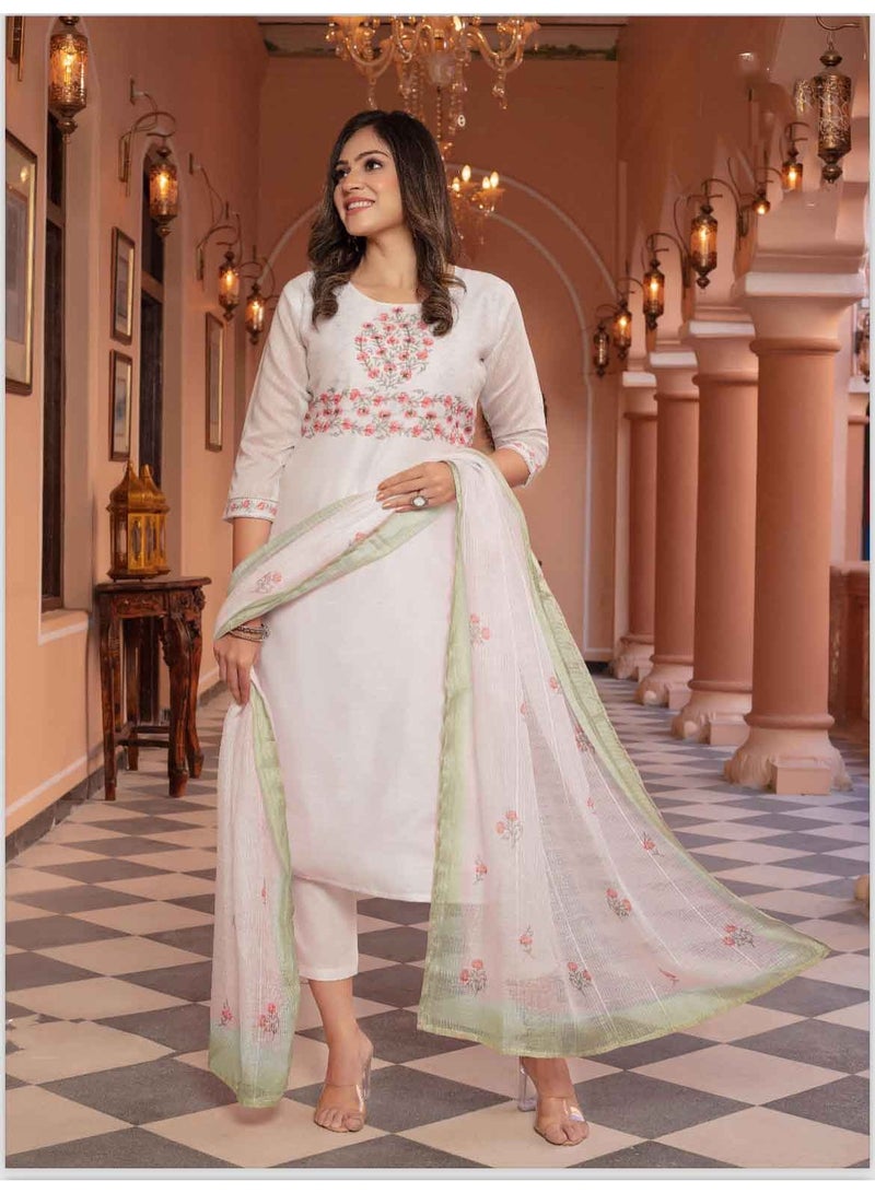 White Kurta,Pant and Dupatta full set