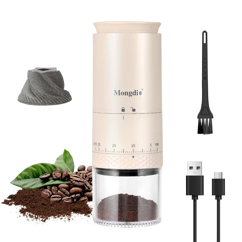 Mongdio Portable Electric Burr Coffee Grinder with 38 Adjustable Settings Conical Burr Coffee Grinder with LED Display USB Charging Ceramic Core for Home Pearl White