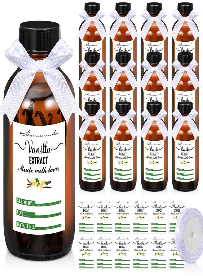 Uiifan مجموعة من 12 زجاجة زجاجية كهرمانية اللون من Uiifan مع أغطية و12 ملصقًا لخلاصة الفانيليا مع لفة واحدة من الشريط الأبيض، زجاجات بوسطن دائرية لشراب محلي الصنع، هدية عيد الميلاد، علبة تخزين طعام زجاجية (4 أونصة) - Image 1