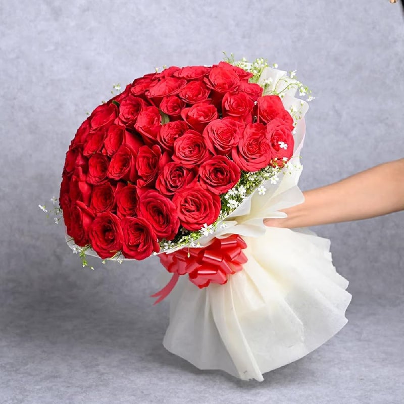 Floweraura FlowerAura Fresh Live Flower Bouquet of 50 Red Roses Flowers For Birthday Gift Anniversary Gift Wedding Gift Congratulations Gift Gift For Special Occasions Same Day Delivery  - Image 1