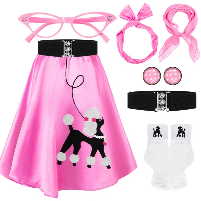Breathffy Women 1950s Poodle Skirt Costume Outfit Sock Hop Costume Skirt Scarf Belt Sock EyeglassMediumPink - Image 2