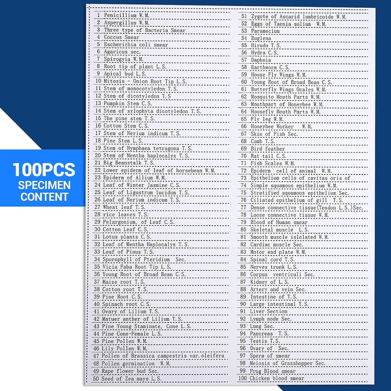 USCAMEL 100 Prepared Microscope Slides with Specimens for Kids Adults - Bacterium, Fungus, Human Tissues, Mitosis, Plants, Insects, Animals Cells Samples for Biological Science Lab, School Students - Image 2