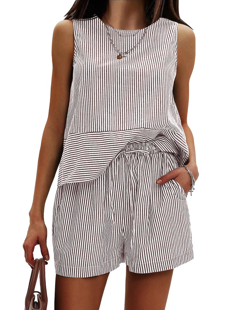 EXLURA Womens 100% Cotton Two Piece Sets Summer Outfits Casual Sleeveless Tank Top Matching Shorts Sets Beach Vacation Resort - Image 1