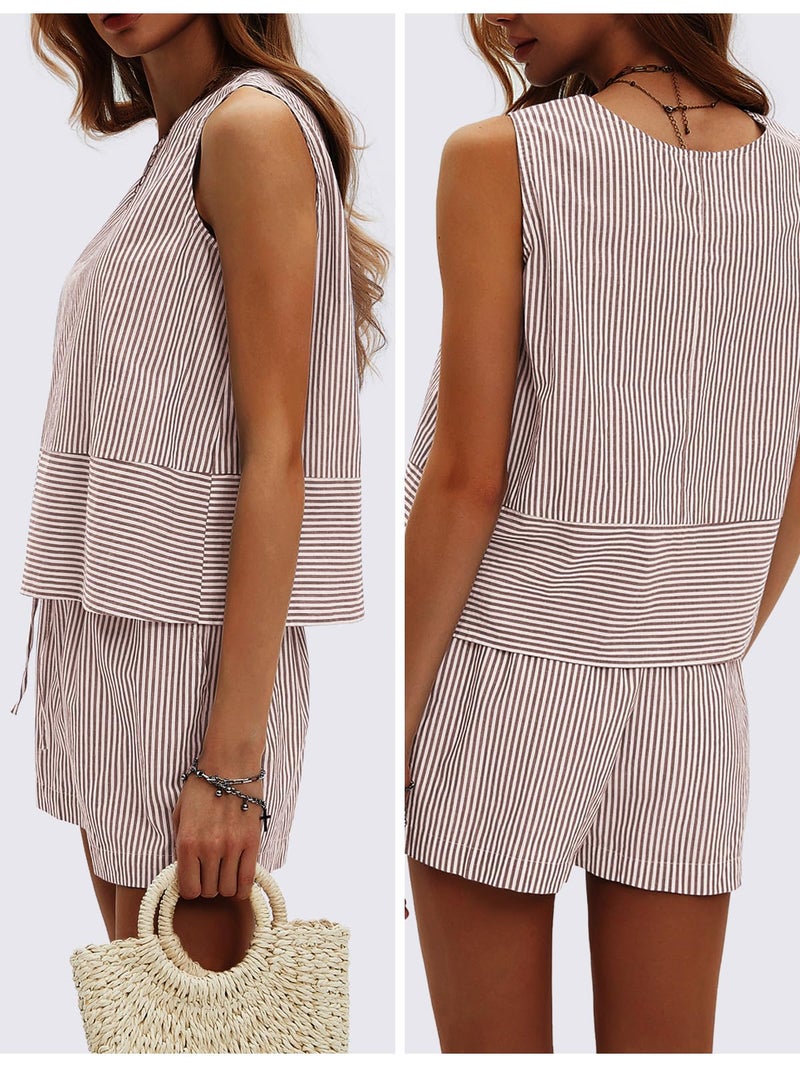 EXLURA Womens 100% Cotton Two Piece Sets Summer Outfits Casual Sleeveless Tank Top Matching Shorts Sets Beach Vacation Resort - Image 3