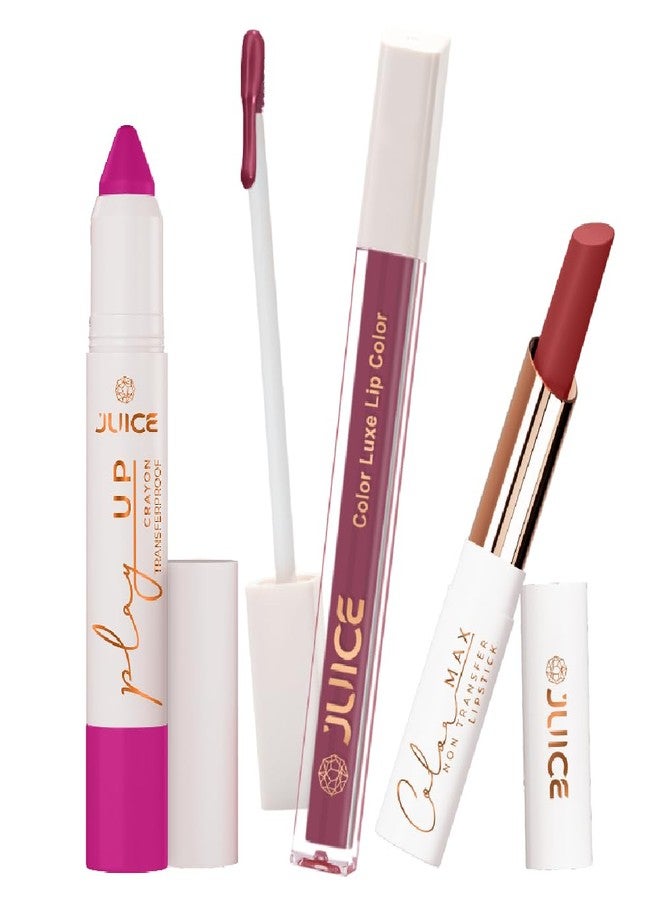 Juice Long Lasting, 3pc Lipstick Combo Set For Women(Endless Petal-MCR07 Lip Crayon, Lovely Lilac-M17 Liquid Lipstick, Fuchsia Fantasy-M03 Slim Stick) - Image 1