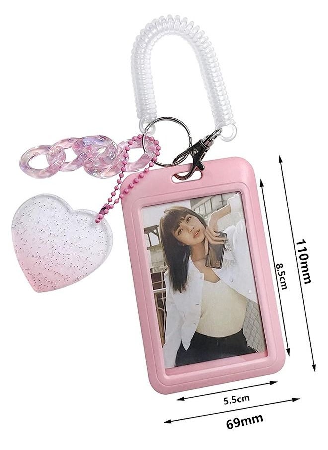 Unique Acrylic Kpop Photo card Holders Key chain ID Badge Holder with Spiral Wrist Coil ID Card Holder Photo Card Protector for School ID Office ID Access Card for Women Girls,Pink-2  - Image 2
