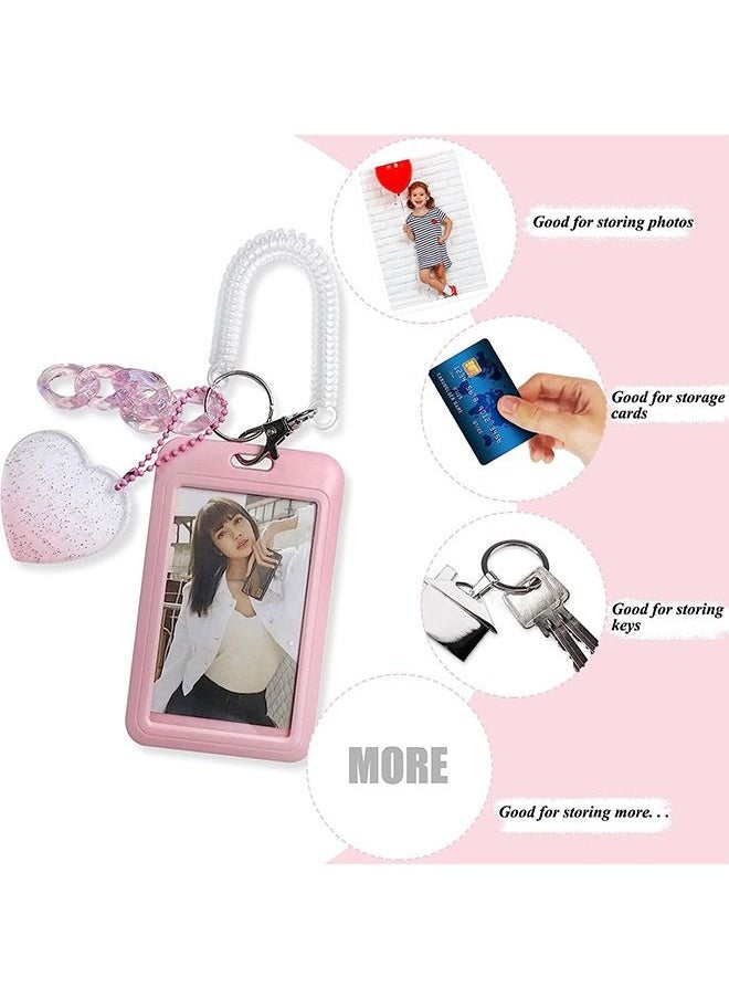 Unique Acrylic Kpop Photo card Holders Key chain ID Badge Holder with Spiral Wrist Coil ID Card Holder Photo Card Protector for School ID Office ID Access Card for Women Girls,Pink-2  - Image 5