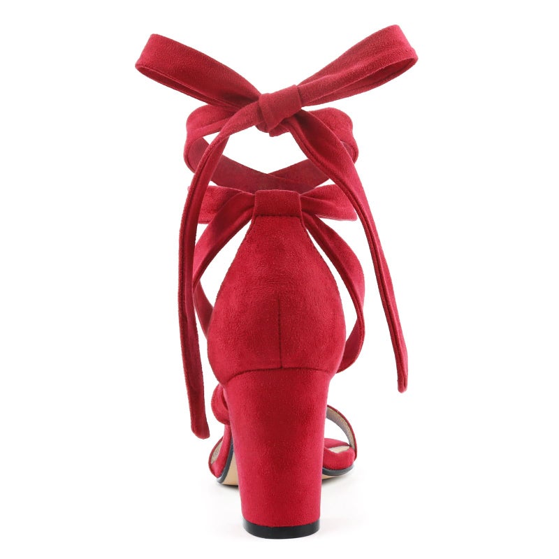 JOY IN LOVE Women's Lace Up Heels 3 Inch Chunky Block Heel Strappy Sandals Red 6.5US - Image 3