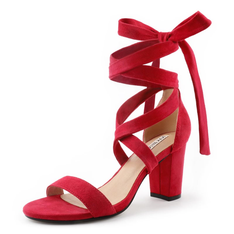 JOY IN LOVE Women's Lace Up Heels 3 Inch Chunky Block Heel Strappy Sandals Red 6.5US - Image 1