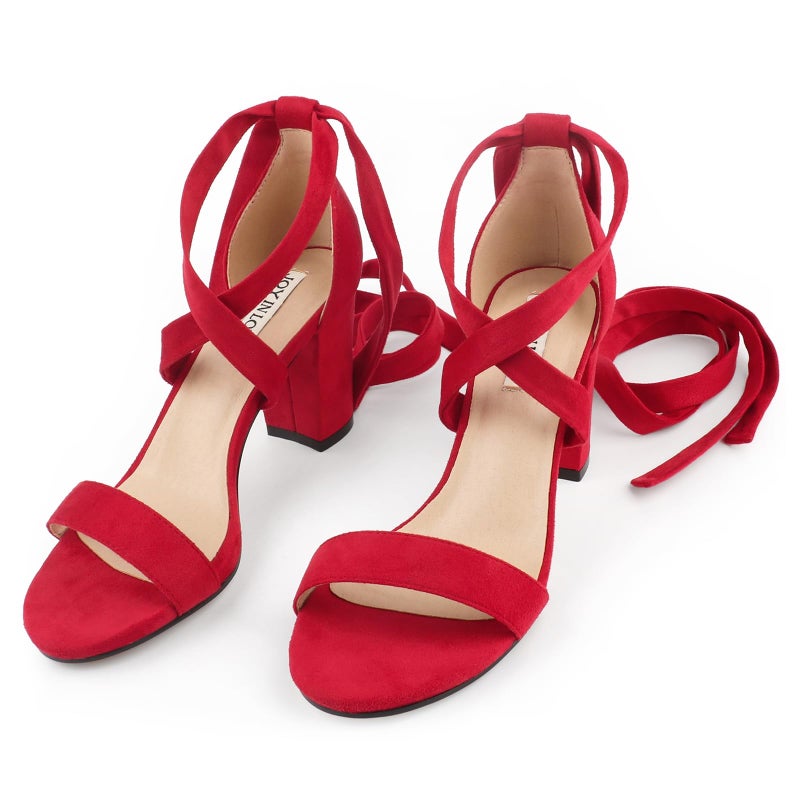 JOY IN LOVE Women's Lace Up Heels 3 Inch Chunky Block Heel Strappy Sandals Red 6.5US - Image 4