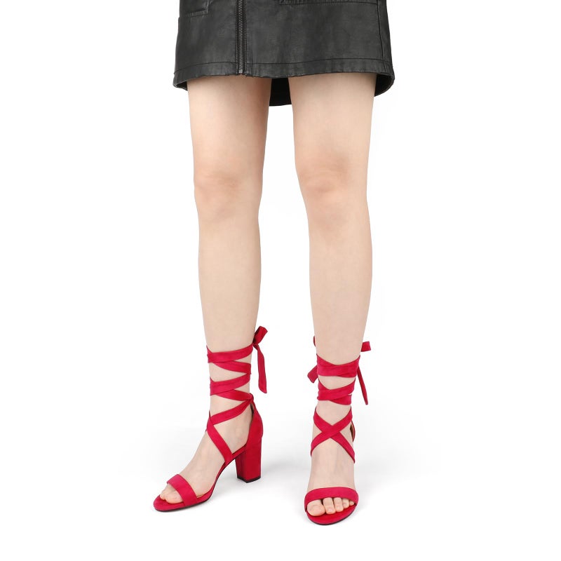 JOY IN LOVE Women's Lace Up Heels 3 Inch Chunky Block Heel Strappy Sandals Red 6.5US - Image 2